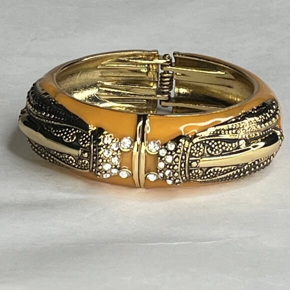 Vintage Gold & Amber Beetle Insect Clamper Bracelet With Rhinestone Accents RARE - Picture 3 of 4